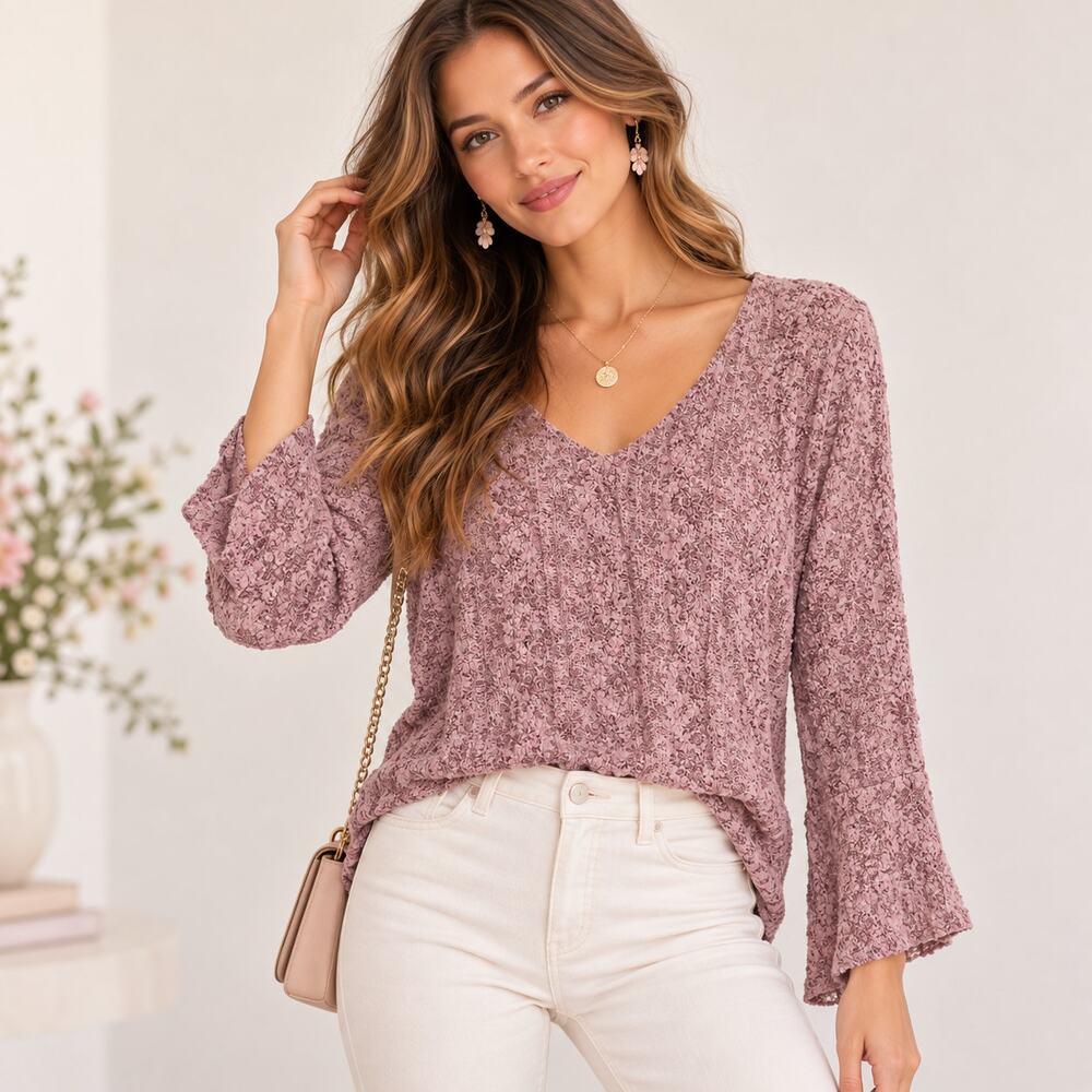 J. Jill Long Sleeve Blouse Women's Size L Stretch Mauve Floral Romantic Coquette